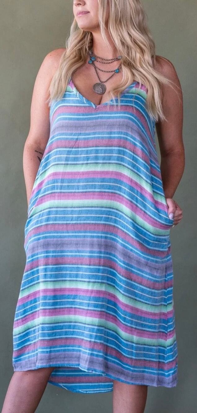 Tasha Polizzi Striped 100% Cotton Pockets Strap Airy Dress- M